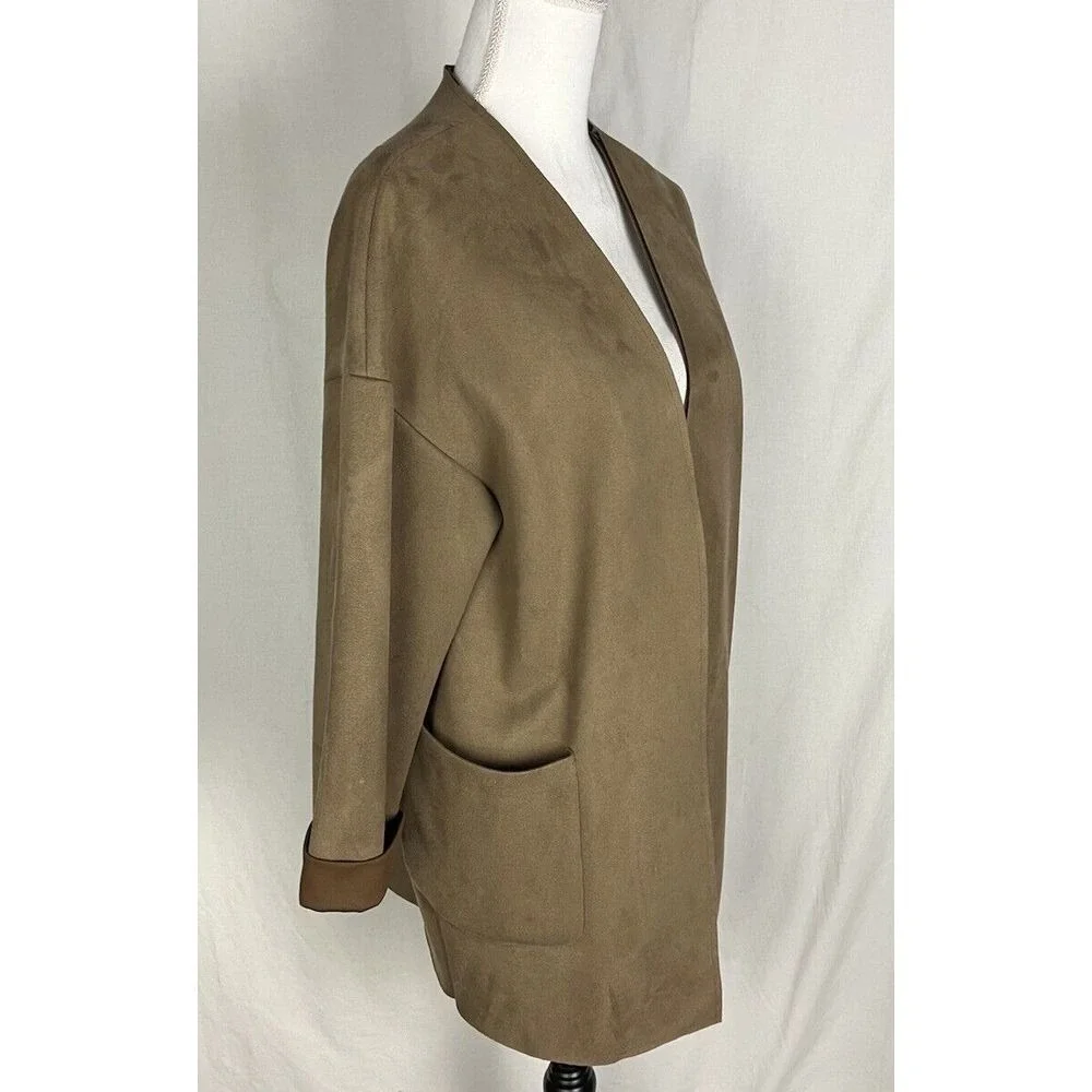 Zara Basic Faux‎ Suede Coat Size XS Long Sleeve Tan Open Front Oversized Jacket